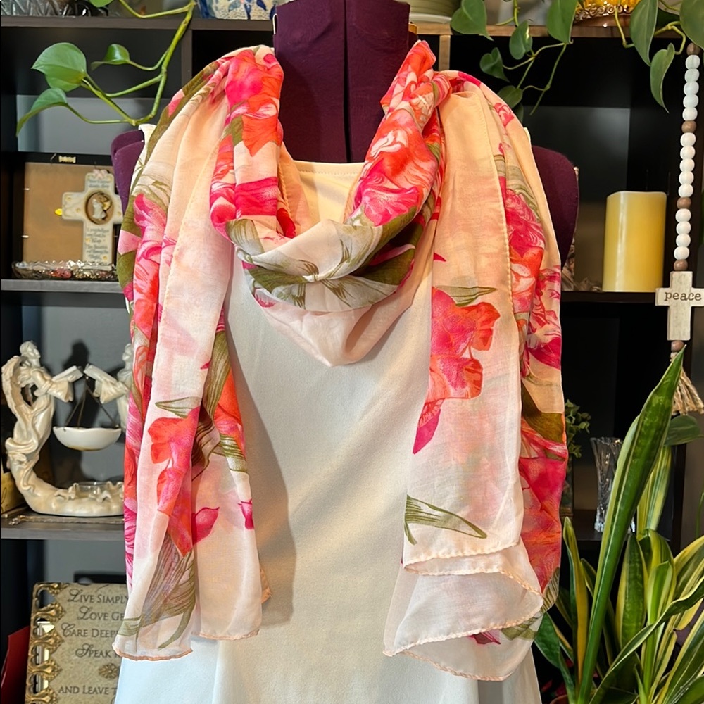 Women's Floral Pink and Green Scarf
